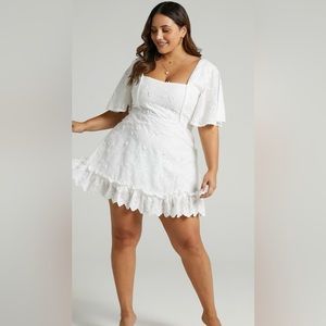 Showpo. FANCY A SPRITZ MINI DRESS - SQUARE NECK DRESS IN WHITE EMBROIDERY